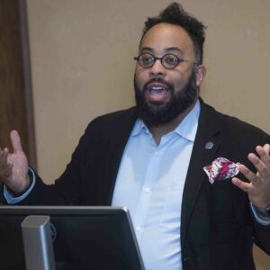 Kevin Young speaks as the 2018 John L. Hatfield '67 lecturer
