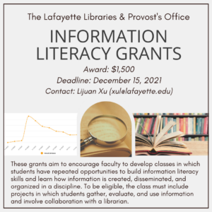 Lafayette Libraries & Provost's Office sponsor Information Literacy Grants. A Book and Graph are shown with a magnifying glass. Award amount $1,500, Deadline: December 15th and Contact Lijuan Xu are displayed. 