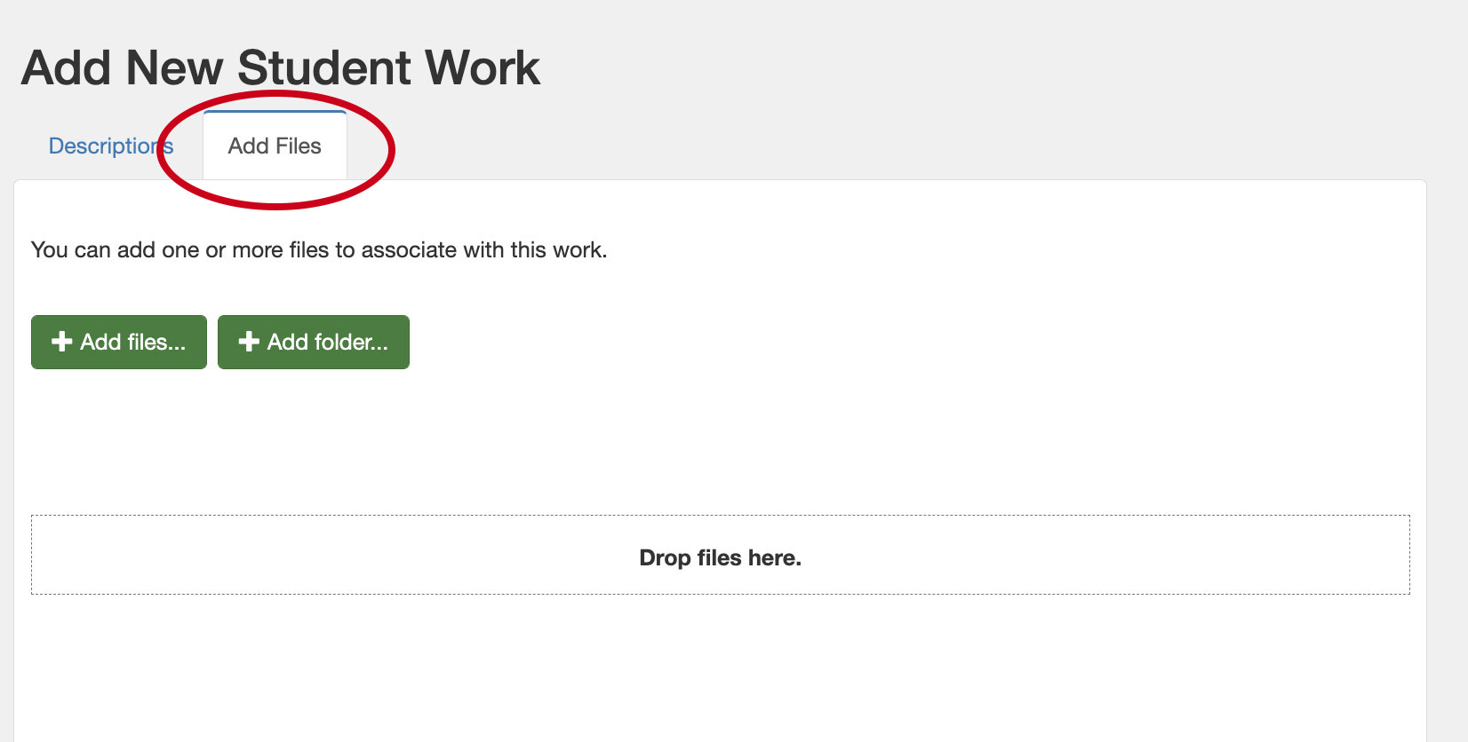 at the top of the add new work form, there is a tab that opens the tool to upload associated files