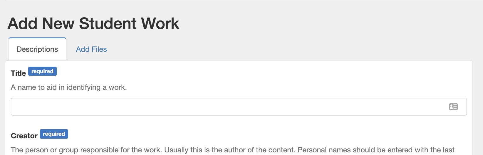 the top of the LDR edit form, where metadata is entered