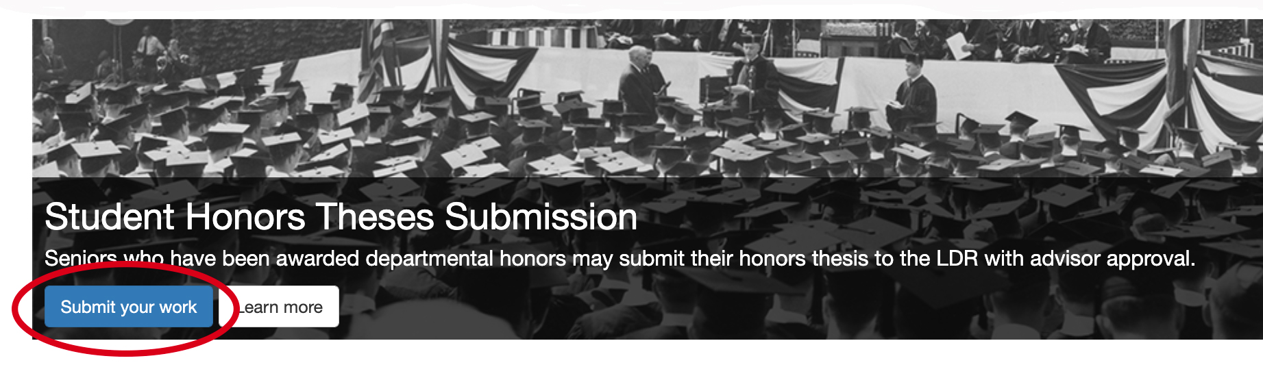 student theses submission banner on LDR homepage, showing Submit you work button that leads to the upload form
