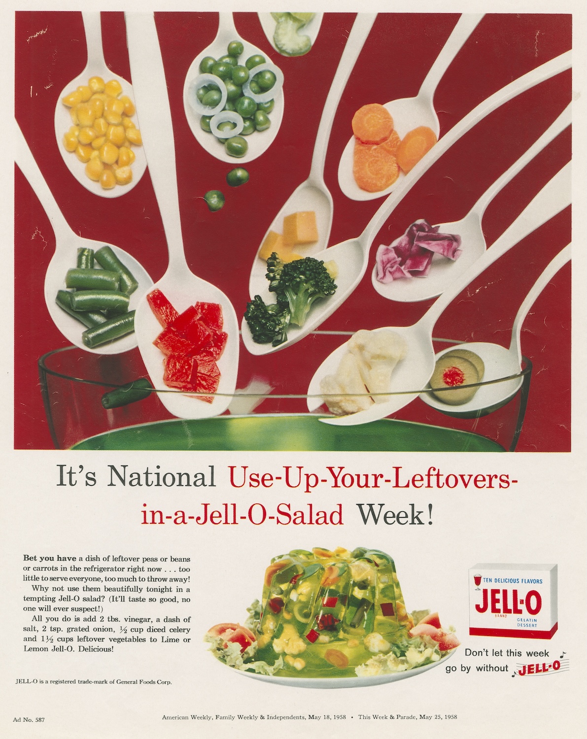 Spoons for different ingredients being placed into a Jell-O mold.