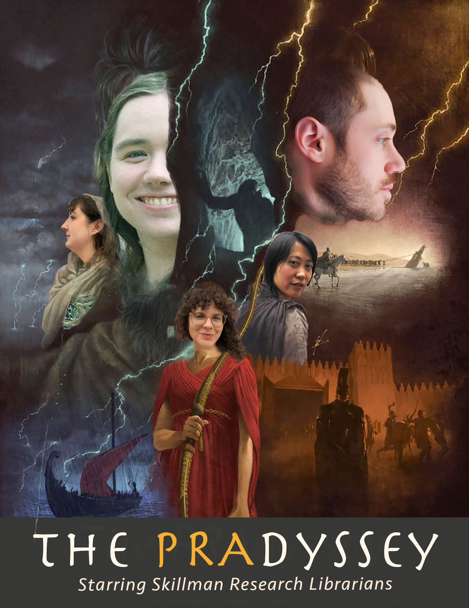 A collage of 5 ancient greek characters over a background of lightning bolts, horses in battle, and an ancient ship. The characters' faces are superimposed with photos of Skillman research librarians.